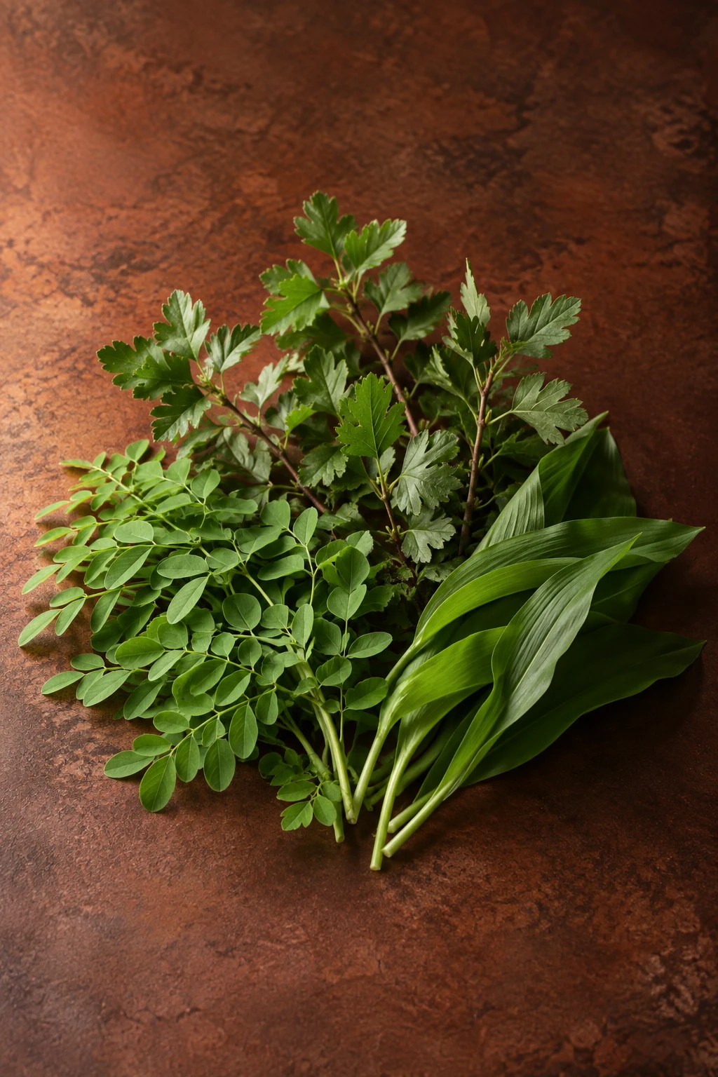 Moringa, hawthorn and wild garlic leaves