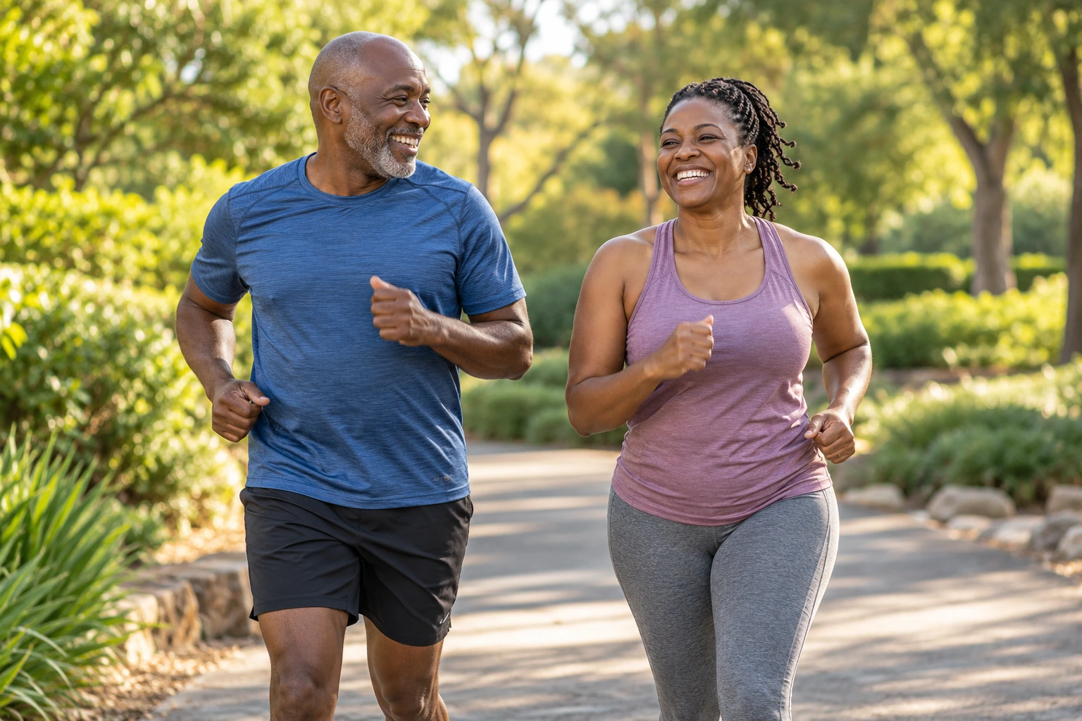 Happy African couple jogging together in a park
